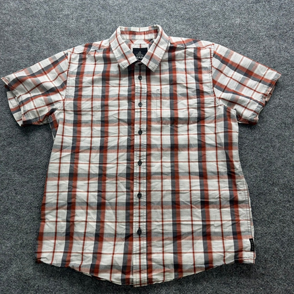 Prana Shirt Men's Size M Red Gray White Plaid Short Sleeve Button Up Casual Tee
